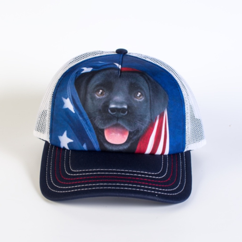 The mountain Patriotic Black Lab Pup Dog Adult Trucker Hat NWT Fourth of July